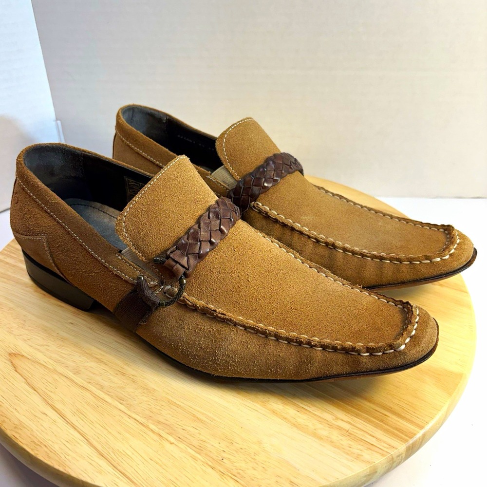 Democrata Men's Brown Suede Slip-On Loafers Braided Square Toe Size 11